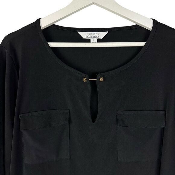 Ellen Tracy Black Large Top Chest Pockets Gold Bar - Picture 3 of 6